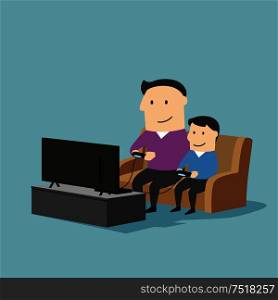 Playful father and son spending time together and playing video games on a game console in living room at home. Great for family time and entertainment concept design. Cartoon style. Father and son playing video games on sofa