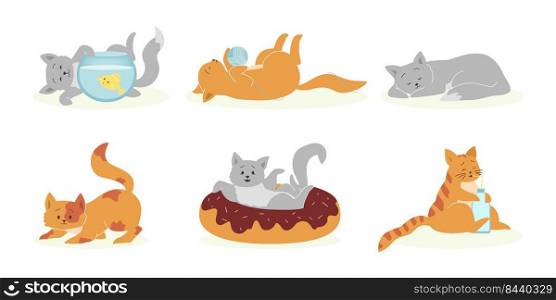 Playful gray and orange cats set. Funny pets, cute fluffy kittens playing, sleeping, eating. Vector illustration for domestic animals, feline pet concept