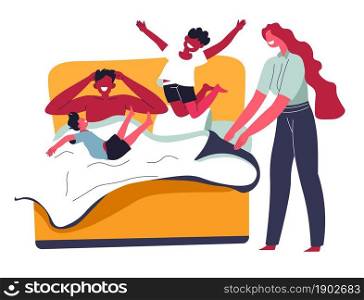 Playful kids having fun in parents bedroom. Siblings waking up father. Children playing with dad and mom, family leisure and weekends. Pastime of loving characters at home. Vector in flat style. Family fun, kids jumping on bed in bedroom vector