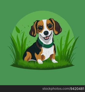 Playful Paws: Simple Style Dachshund Mix (Beagle & Chihuahua) with Long Ears, Smiling on Green Grass