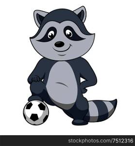 Playful smiling cartoon raccoon football player character stands with paw on the soccer ball. For sporting club or team mascot design. Cartoon raccoon player with soccer ball