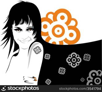 Playfully smiling beautiful girl on an abstract background with ornament
