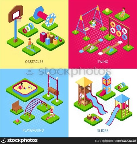 Playground 2x2 Images Set. Set of 2x2 images of playground obstacles swings and slides kits isometric 3d vector illustration