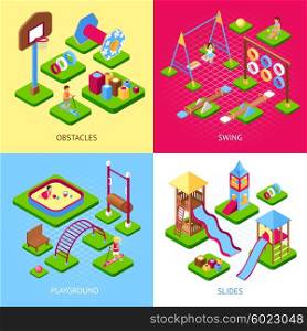 Playground 2x2 Images Set. Set of 2x2 images of playground obstacles swings and slides kits isometric 3d vector illustration