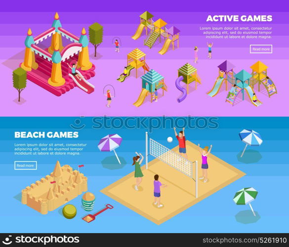 Playground Banner Set. Two horizontal playground banner set with active games and beach games descriptions vector illustration