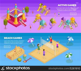 Playground Banner Set. Two horizontal playground banner set with active games and beach games descriptions vector illustration