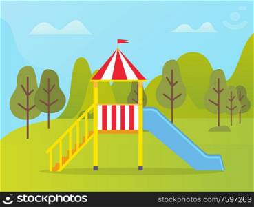 Playground decorated by colorful slide with red stripes, green trees and mountain landscape, activity outdoor, empty place, kindergarten flat design vector. Bright Slide or Playground, Kindergarten Vector