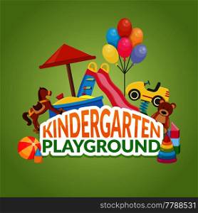 Playground elements of kindergarten flat composition with colorful toys, sandbox, slide, swings on green background vector illustration . Kindergarten Playground Flat Composition