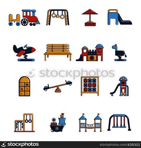 Playground equipment icons set. Cartoon illustration of 16 playground equipment vector icons for web. Playground equipment icons set, cartoon style