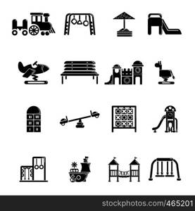 Playground equipment icons set. Simple illustration of 16 playground equipment vector icons for web. Playground equipment icons set, simple style