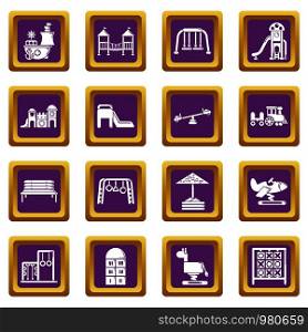Playground equipment icons set vector purple square isolated on white background . Playground equipment icons set purple square vector