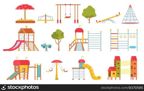 Playground equipment. Kids park carousels, swings and game modules with slides. Climbing wall and sandpit. Flat outdoor play area vector set. Illustration playground equipment game outdoor. Playground equipment. Kids park carousels, swings and game modules with slides. Climbing wall and sandpit. Flat outdoor play area vector set