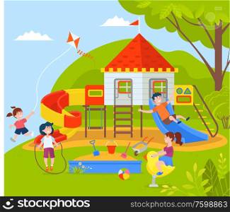 Playground filled with kids vector, park and nature with greenery and trees, boys and girls playing together, wooden construction castle with flag. Children play on park attraction. Playground for Children, Happy Kids Playing Vector