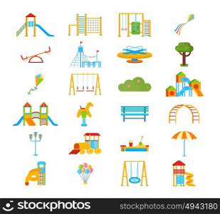 Playground Flat Elements Set. Childrens playground flat isolated elements in cartoon style with slippery dip ladder seesaw gym wall bars vector illustration