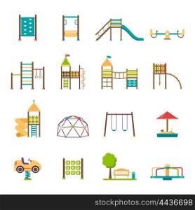 Playground Flat Icons Set. Playground flat icons set with swing carousels slides and stairs isolated vector illustration