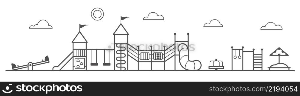Playground for children. Landscape of park with swing, rides, sandbox and slide. Outline vector illustration. EPS 10. Playground for children. Landscape of park with swing, rides, sandbox and slide. Outline vector illustration.