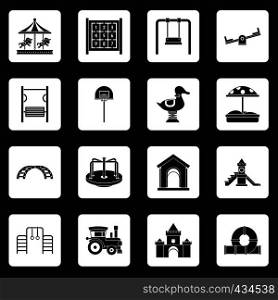 Playground icons set in white squares on black background simple style vector illustration. Playground icons set squares vector