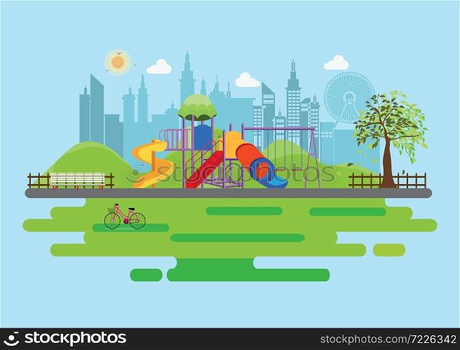 Playground in the Public park in the City, Vector Flat illustration.