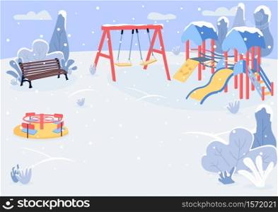 Playground in winter flat color vector illustration. Winter recreation zone for children. Snowy weather. Kids play area equipment covered with snow 2D cartoon landscape with trees on background. Playground in winter flat color vector illustration