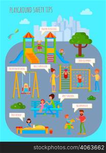 Playground infographics with flat colorful cartoon childrens playground urban scenery people characters and rectangular thought bubbles vector illustration. Playground Safety Tips Poster