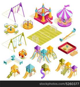 Playground Isometric Collection. Playground isometric collection with carousels bench sandbox roller swing soccer field and slides isolated vector illustration