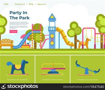 Playground or theme park for children. Public zone for recreation. Swings and slides, wooden horse and ladders for kids activity. Website or web page template, landing page flat style vector. Party in park, amusement playground for children