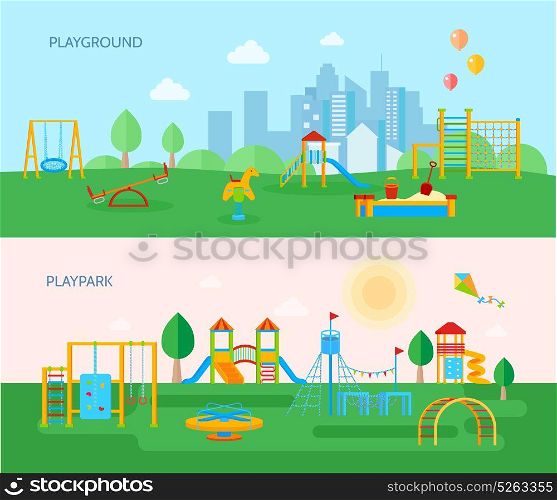 Playground Park Banners Set. Two horizontal playground banners set with cartoon style flat images of playpark equipment trees and landscape vector illustration
