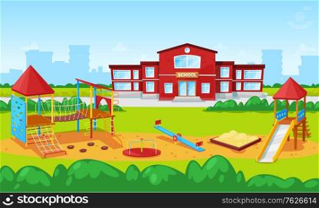 Playground with carousel and sandbox vector, school institution building exterior facade. Cityscape with skyscrapers and town fog. Education place. Back to school concept. Flat cartoon. School Building and Yard Playground for Kids City