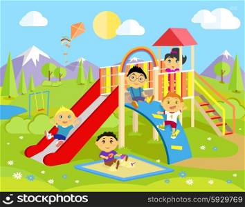 Playground with slide and children. Park play kid, outdoor childhood, equipment and ladder, happiness and recreational, nature and leisure, recreation and summer illustration