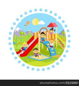 Playground with slide and children. Park play kid, outdoor childhood, equipment and ladder, happiness and recreational, nature and leisure, recreation and summer illustration
