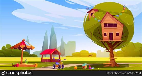Playground with toys and tree house in green park under blue sunny sky. Cartoon vector illustration of wooden hut with ladder, sandbox and tricycle. Place for children to play and have fun on holidays. Playground with toys and tree house in green park