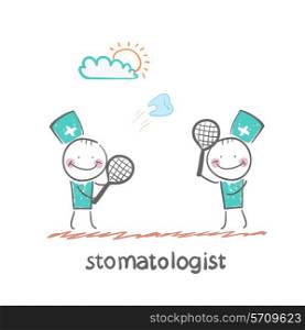 playing badminton tooth. Fun cartoon style illustration. The situation of life.