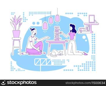 Playing board game flat silhouette vector illustration. Man and woman stay at home and build tower from blocks. Couple outline characters on blue background. Weekend recreation simple style drawing. Playing board game flat silhouette vector illustration