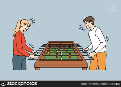 Playing board games and hockey concept. Young excited couple standing playing table air hockey having fun together vector illustration . Playing board games and hockey concept