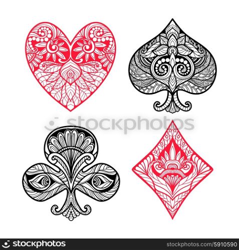 Playing card suits hand drawn set with decorative ornament isolated vector illustration. Card Suits Set