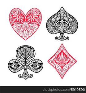 Playing card suits hand drawn set with decorative ornament isolated vector illustration. Card Suits Set