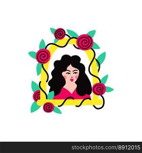 Playing card with Queen of Spades. Valentines Day illustration in modern groovy doodle style. Vintage Retro Girl portrait in floral golden frame. Cute cartoon vector illustration in old school doodle style
