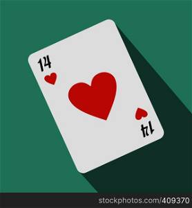 Playing card with red heart sign 14. Flat icon on a blue background. Playing card with red heart