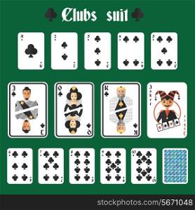 Playing cards clubs suit set joker and back isolated vector illustration