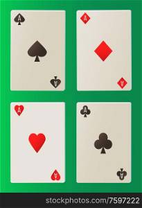 Playing cards, collection or deck of aces, collection of different suits, gambling or element of game, paper decoration on green, joker icons vector. Gambling Paper Cards on Green, Deck of Aces Vector