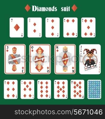Playing cards diamonds suit set joker and back isolated vector illustration