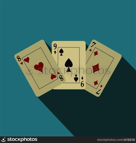 Playing cards flat icon on a blue background with shadow. Playing cards flat