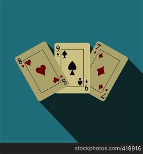 Playing cards flat icon on a blue background with shadow. Playing cards flat
