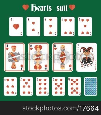 Playing cards hearts red suit set joker and back isolated vector illustration