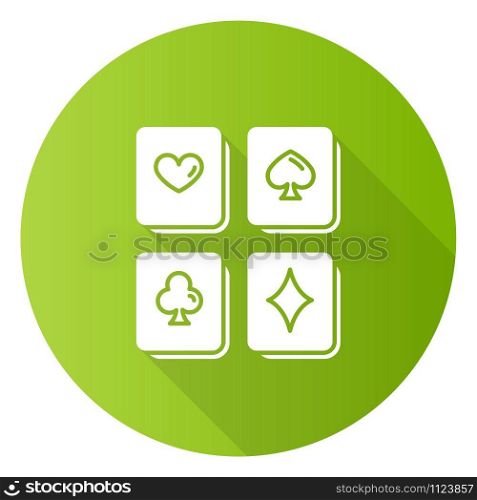 Playing cards puzzle green flat design long shadow glyph icon. Logic game. Mental exercise. Challenge. Ingenuity, intelligence test. Brain teaser. Problem solving. Vector silhouette illustration