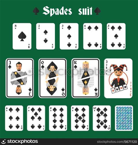 Playing cards spades suit set joker and back isolated vector illustration