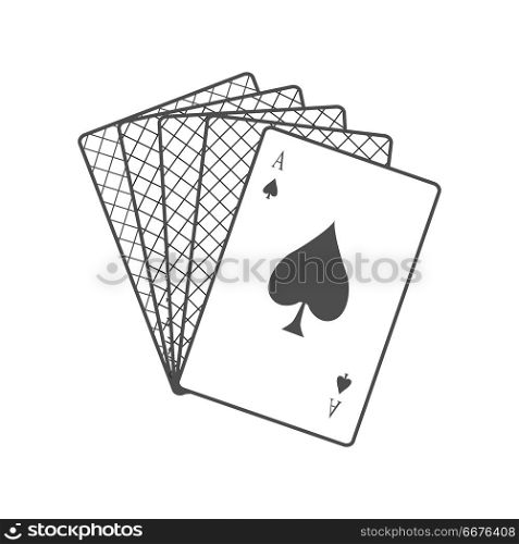 Playing Cards Vector Illustration In Flat Design.. Playing Cards vector in monochrome, black color. Spread out cards with ace on top. Illustration for gambling industry, sport lottery services, icons, web pages, logo design. Isolated on white