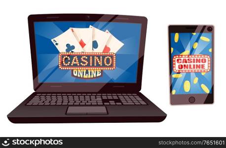 Playing casino online vector, isolated laptop and smartphone. Poker and texas holdem games on screen. Phone with falling coins, wealth and richness. Casino Online, Computer and Laptop with Cards Set