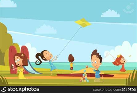 Playing Children Background . Playing children cartoon background with outdoor summer activities symbols vector illustration