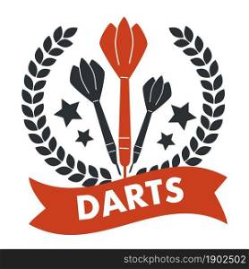 Playing darts game, isolated label or emblem with wreath of leaves, stars and arrows with sticks. Banner with ribbon and text. Logotype for club. Entertainment and tournament. Vector in flat style. Darts game, banner with stars and ribbon text